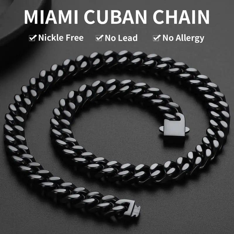 ChainsHouse Stainless Steel Mens Cuban Link Chain, Black/18K Gold Miami Cuban Chain Necklace, 5/7/9mm/12mm Width, No Tarnish& Durable Hip Hop Mens Jewelry, 18"-30", Send Gift Box 20 inches d. 12mm width-black