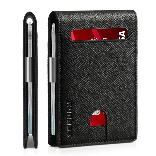 RUNBOX Slim Wallets for Men - Leather Money Clip Mens Wallet - RFID Blocking Front Pocket Bifold Wallet - Thin Credit Card Holder with Gift Box palm grain black